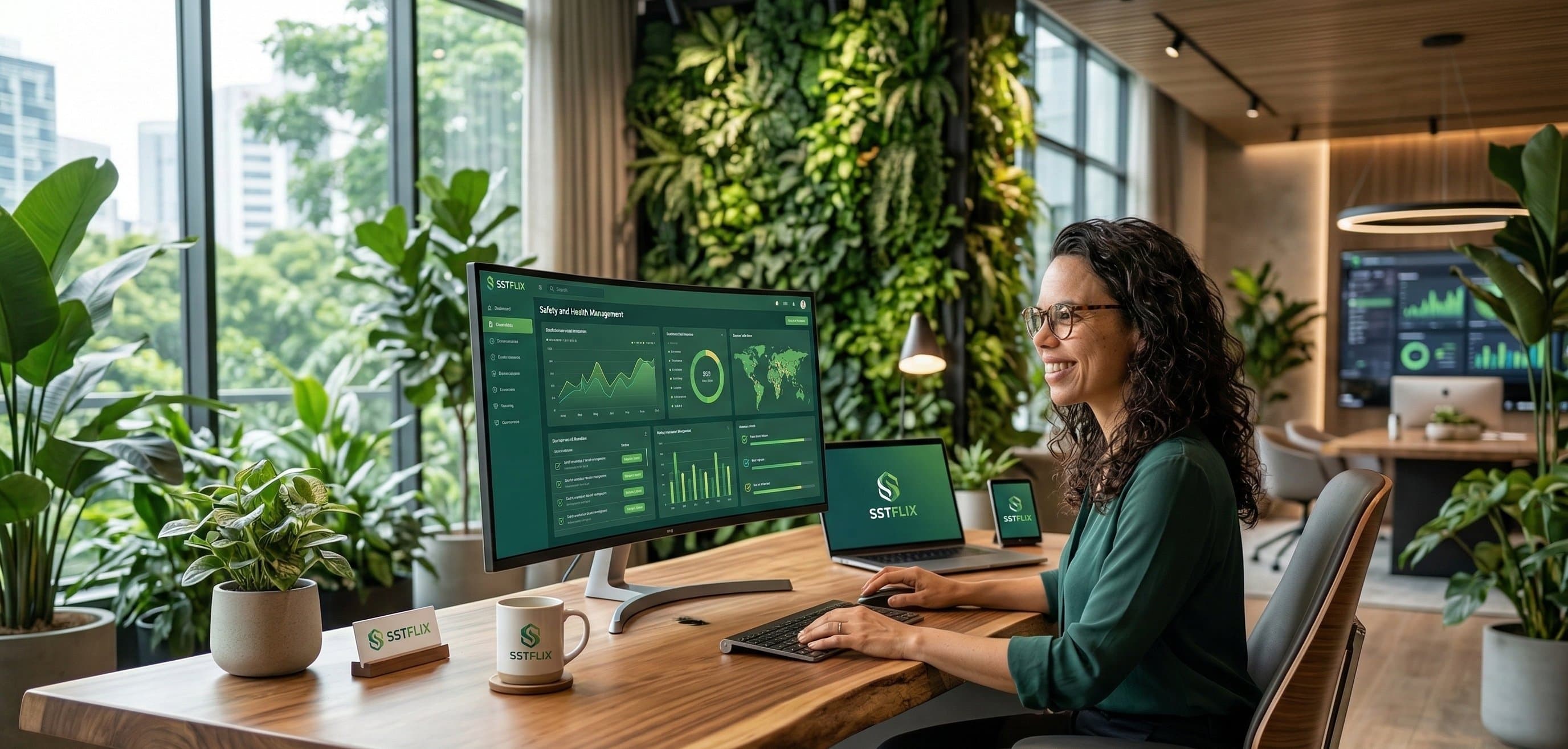 Profissional utilizando o sistema SSTFLIX em escritório moderno